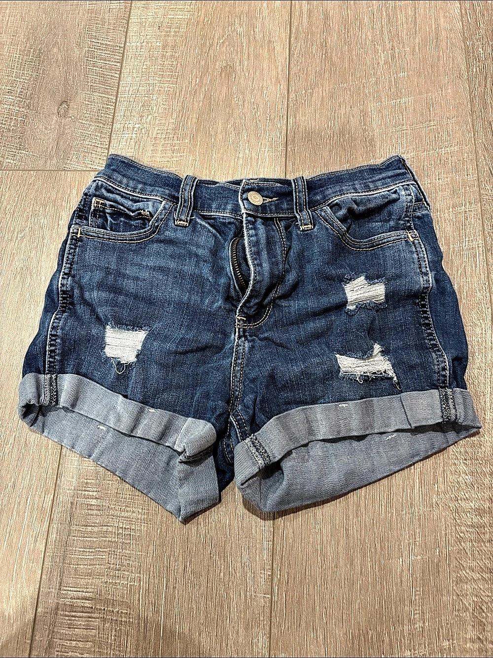 Hollister Distressed Rolled Cuff Jean Shorts in Blue